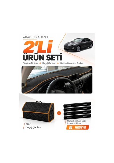 E-biz Ford Focus 4 2017-2021 Uyumlu Torpido Örtüsü + Deri Bagaj Çantası - Siyah-kahverengi - Fo013