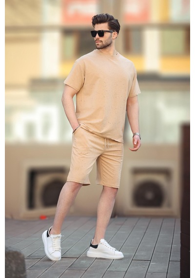Madmext Bej Basic Erkek Şort T-shirt Takımı E7309