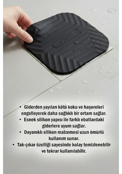 Siyah Uzun Ve Siyah Kare Silikon Gider Kapağı 2'li Set Koku Önleyici Banyo Mutfak Gider Tıkacı