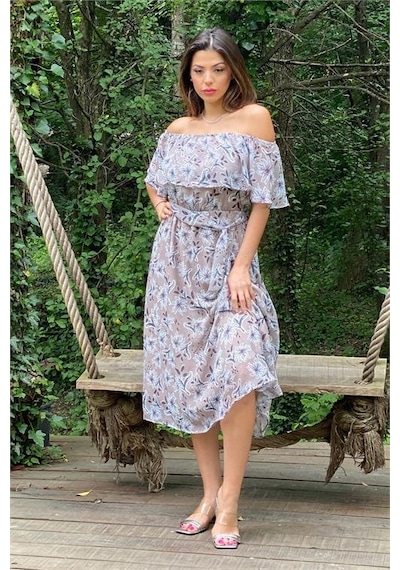 Neşeli Butik Kadın Bej Madonna Kuşaklı Çiçek Desenli Şifon Elbise Nb10037 Vizon