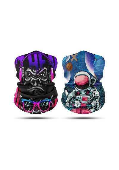 Dair Maymun - Motorlu Astronot Desenli 2'li Set Boyunluk Bandana Outdoor Balaklava Yüz Maskesi Kafa Bandı