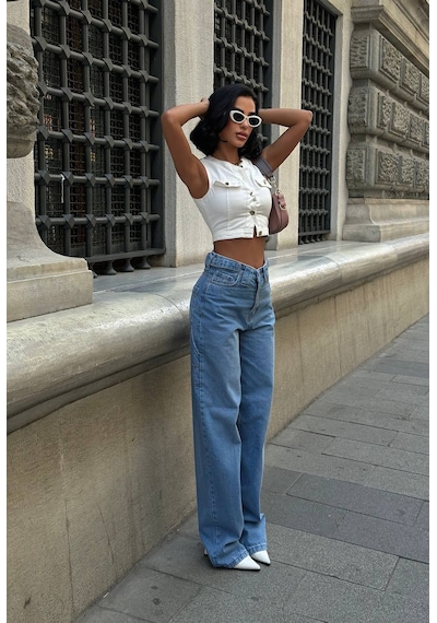 Free Blue Tasarım Tokalı Yeni Sezon Baggy Jean Mavi