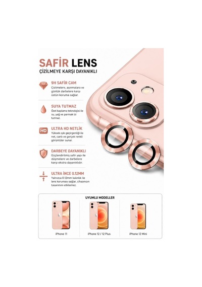 Apple iPhone Uyumlu  11 / 12 / 12 Mini Pembe Metal Kamera Lens Koruyucu Safir Cam Ultra Net Hd
