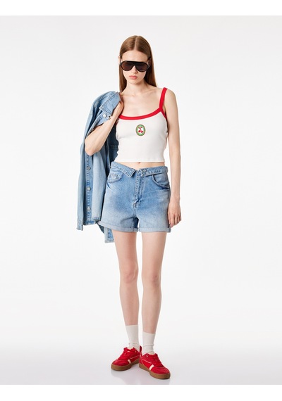 Koton Pamuklu Rahat Kalıp Düğme Detaylı Beli Katlamalı Mini Denim Şort Orta İndigo 6sal40282md
