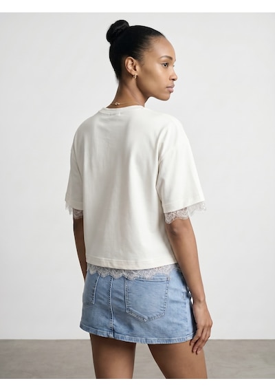 Dilvin 32826 Dantel Detaylı Kısa Kollu T-shirt-ekru
