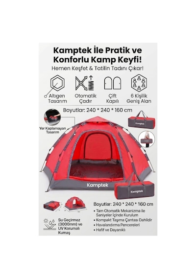 Kamptek 6 Kişilik Su Geçirmez Otomatik Kamp Çadırı - Çift Kapılı Taşıma Çantalı Kırmızı