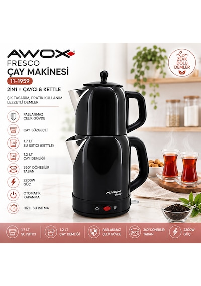Çapa Makinesi Awox Fresco Siyah Elektrikli Çay Makinesi Çaycı Set 1.7lt Su Isıtıcı + 1.2lt Demlik Paslanmaz Çelik Gövde 2200w