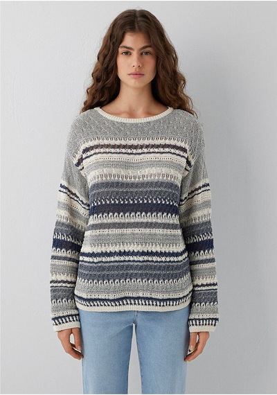 Mavi Çizgili Jakarlı Kazak Loose Fit / Bol Rahat Kesim 1710973-84057 Gri
