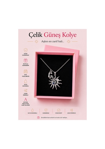 Kişiye Özel Harfli Çelik Güneş Kolye Kararmaz & Kutulu Hediye Gümüş Renk Gümüş Gümüş