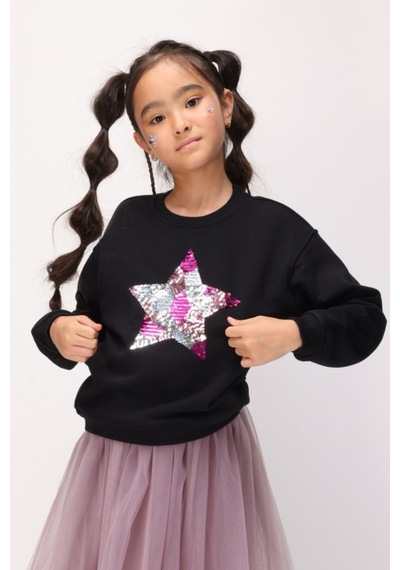 Le Mabelle Siyah Pullu Yıldız Nakışlı Kız Çocuk Sweatshirt - Dina Siyah