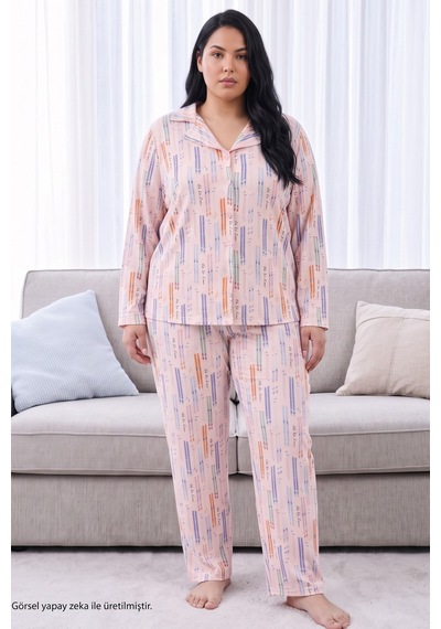 Siyah İnci Pembe Desenli Termal Kumaşlı Ultra Soft Yumuşak Büyük Beden Battal Boy Düğmeli Örme Pijama Takımı 26226536