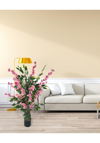 Yapay Ağaç Pembe Bahardalı Elma Çiçeği Ağacı100cm Yeşil Yapraklı