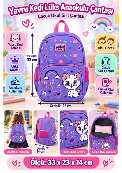 Yavru Kedi Little Kitty Lüks Anaokulu Okul Çantası Çocuk Sırt Çantası Günlük 33 X 23 X 14 Cm Çok Renkli