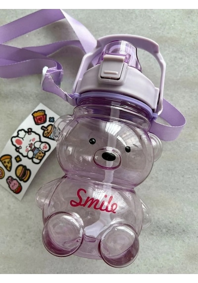 Smile Ayıcıklı Renkli 1000 Ml Matara Su Şişesi Suluk Tritan Bpa Içermez Sticker Hediyeli Biri Büyük Biri Küçük 2adet Çok Renkli