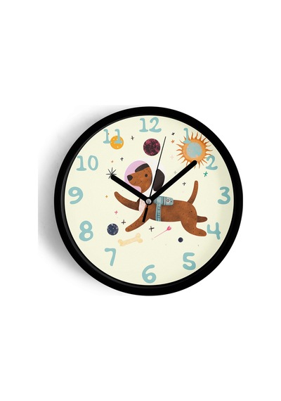 Sevimli Astronot Köpek - Uzay Çocuk Odası Modern Duvar Saati - 25cm - Önü Camlı Siyah Kasa-jh0226 Siyah