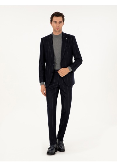 Cacharel Koyu Lacivert Slim Fit Çizgili Yün Takım Elbise Cacharel Koyu Lacivert Slim Fit Çizgili Yün Takım Elbise