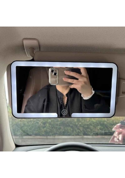 Techtic Araç İçi Led Işıklı Makyaj Aynası Dokunmatik Şarjlı 3 Modlu Hd Güneşlik Aynası 23,5-12,7 Cm Beyaz