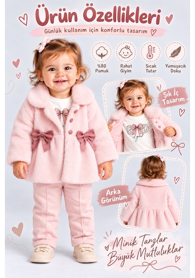 Ahengim Kız Bebek Peluş Mont Fiyonklu Düğmeli Yumuşak Dokulu Kışlık Ceket Ak8548 Pembe