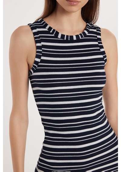 Tudors Kadın Slim Fit Dar Kesim Sıfır Kol Halter Yaka Çizgili Elbise-33324 Multi