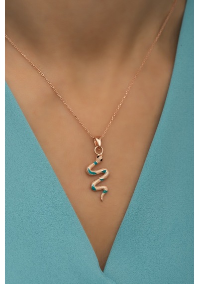 925 Ayar Gümüş Turkuaz Mineli Yılan Kolye Rose Gold