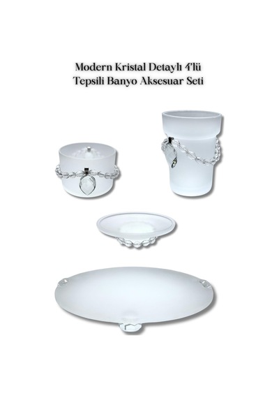 Modern Kristal Detaylı 4 Lü Tepsili Banyo Aksesuar Seti Beyaz