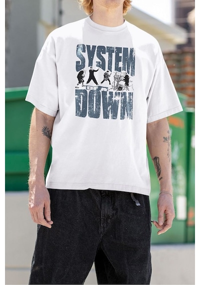 System Of A Down Baskılı Unisex Oversize Tişört Beyaz