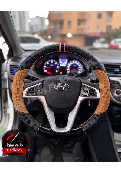 Hyundai Accent Blue Dikme Direksiyon Kılıfı Delikli Deri Parlak Siyah Taba Detay Çift Yüzük Ve Dikiş 2011-2019