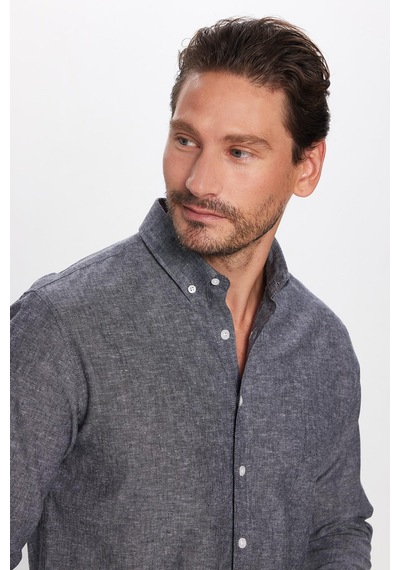 Tudors Erkek Slim Fit Dar Kesim Uzun Kollu Keten Premium Seri Düğmeli Yaka Spor Antrasit Gömlek-32817 Antrasit