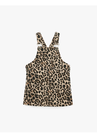 Koton Leopar Desenli Cepli Kare Yaka Askılı Denim Jile Elbise Kahverengi Desenli 7wmg80001ad