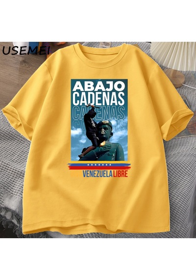 Flood Of Style Venezuela Abajo Cadenas T-shirt Erkek Kadın Baskılı Tişörtleri Unisex Yuvarlak Boyun Pamuk T Sarı