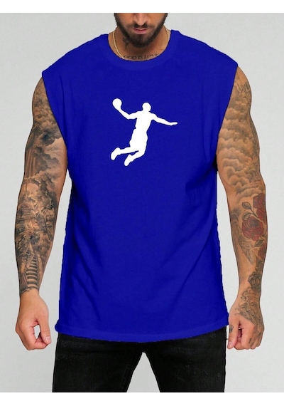 Basketbol Karakter Baskılı Kolsuz Tişört Saks Mavisi