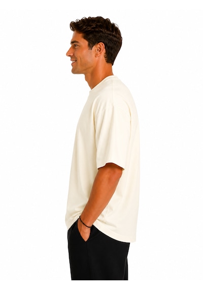 Vasto Moda Erkek Oversize Kalın Dokulu %100 Organik Pamuk Bisiklet Ribana Yakalı Ekru T-shirt