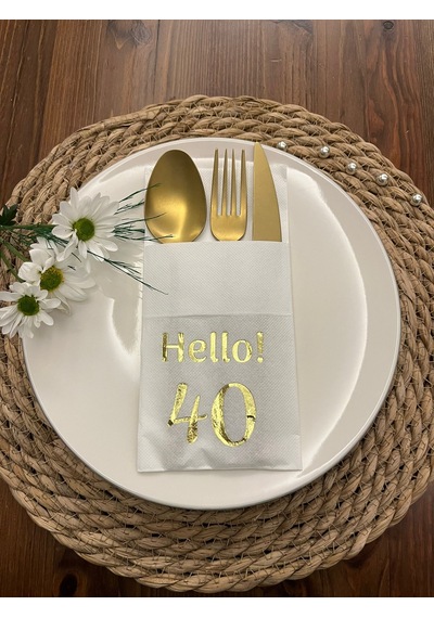 Gold Yaldızlı Beyaz Cepli Hello Kırk Yaş Peçete 12 Adet 40x40