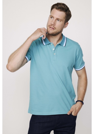 Tudors Erkek Polo Yaka Slim Fit Yaka Ve Kol Şeritli Pike Turkuaz Tişört-27799-Turkuaz