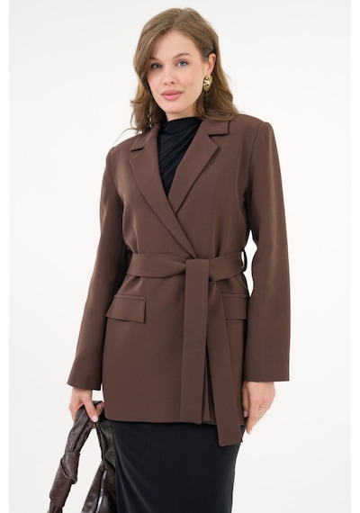 Sââde Kadın Tek Düğmeli Dokuma Kruvaze Blazer Ceket - Kuşaklı Acı Kahverengi