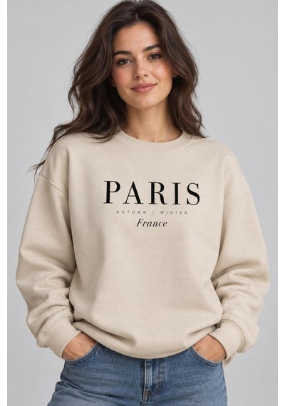 Gıovera Paris Şehir Yazılı Bisiklet Yaka Kadın Sweatshirt Bej
