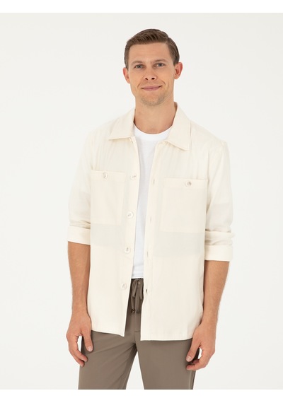 Cacharel Ekru Regular Fit Keten Karışımlı Cepli Ceket Gömlek 15469610