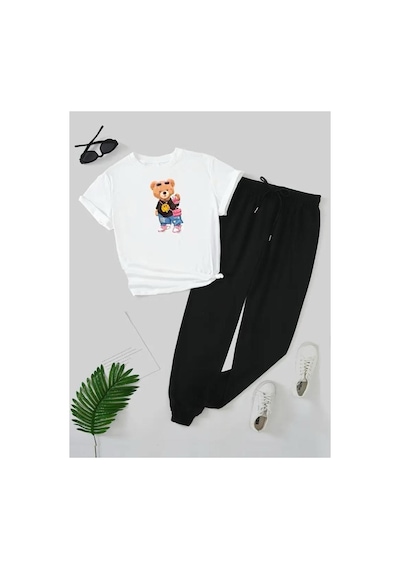 Medinenur Süslü Peluş Ayıcık Baskılı T-shirt Eşofman Altı Jogger Rahat Kalıp Siyah Eşofman Takım Beyaz