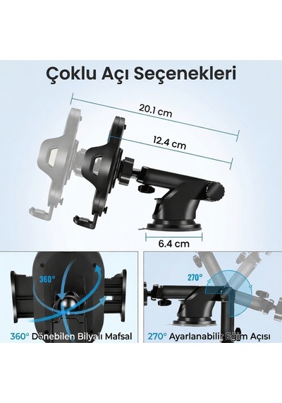 360 Dönebilen Araç Telefon Tutucu - Çift Montajlı Ön Cam + Torpido Tüm Telefonlara Uyumlu Siyah