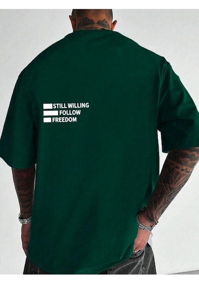 Unisex Nefti Yeşili Oversiz Still Follow Freedom Baskılı Örme T-shirt Yeşil-98674 Unisex Nefti Yeşili Oversiz Still Follow Freedom Baskılı Örme T-shirt Yeşil-98674