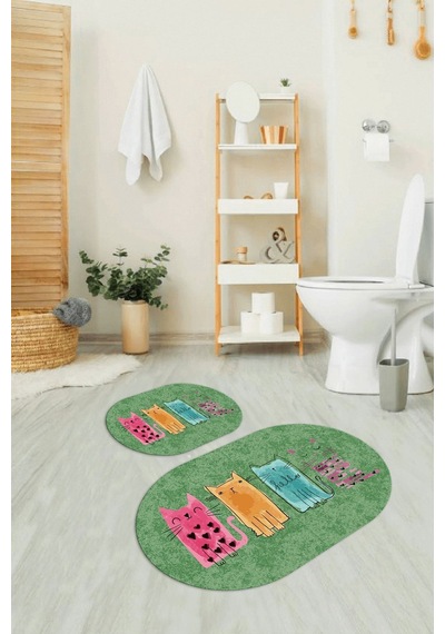 Buççin Online Mağaza Dijital Kaymaz Yıkanabilir Kedi Desen Oval Banyo Takımı Klozet Takımı-yeşil Polyester Yeşil Çok Renkli