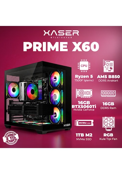 Xaser Prime X60 Ryzen 5 7500f 16gb Ddr5 Ram 1tb M.2 Nvme Ssd 16gb Rtx5060 Ti Masaüstü Oyuncu Bilgisayarı 007