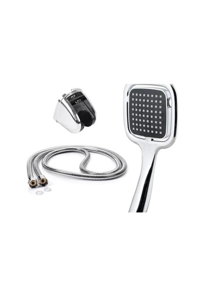 3 Lü Set Siyah Kare Banyo Duş Seti Hortum Mafsal Ve Başlık Set Gri Krom Diğer