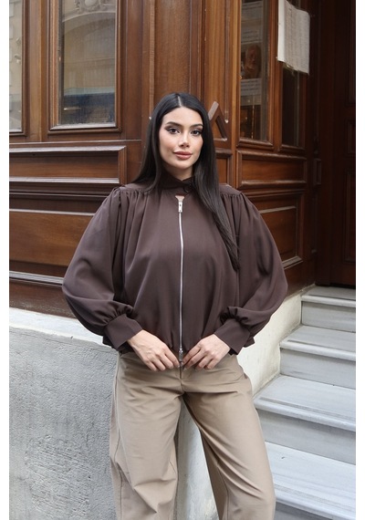 Kechi Woman Linda Twill Kumaş Çift Fermuarlı Astarlı Ceket Kahverengi