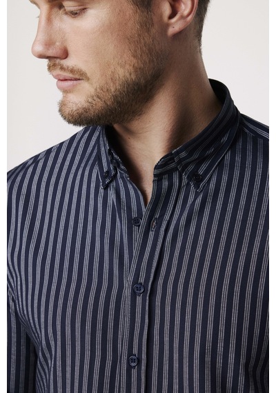Tudors Slim Fit Pamuklu Kolay Ütü Çizgili Lacivert Erkek Gömlek-27784-lacivert Lacivert