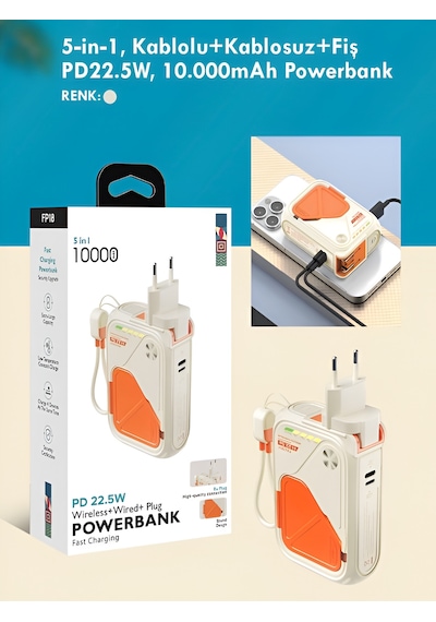 5'in 1 Pd 22.5w Hızlı Şarj Powerbank - 10000mah, Kablolu Ve Kablosuz Standlı Çoklu Fişli Şarj Cihazı Bej