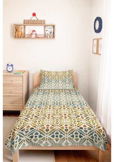 Turkuaz Geometrik Genç Odası Tek Kişilik Pike Takımı - Etnik Hardal 160x220 Cm Kapitone Yatak Örtüsü Naif Gölge Nüansı