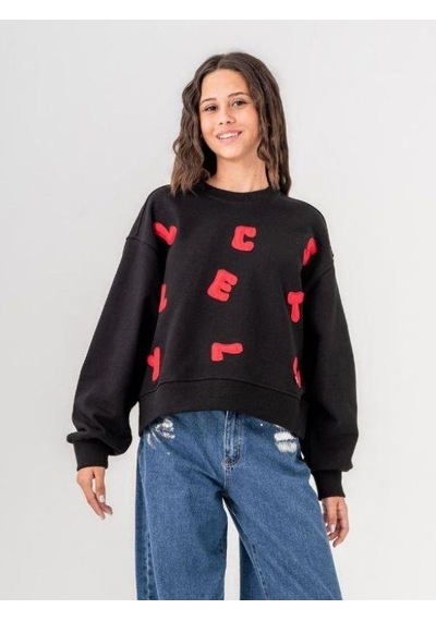 Kız Çocuk Mevsimlik Harf Aplikeli 3 İplik Sweatshirt-14771 Siyah