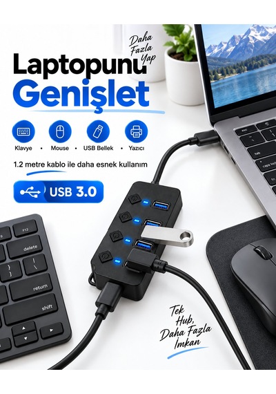 4 Port Usb 3.0 Hub 1.2 Metre Kablolu, Bağımsız Aç/kapa Tuşlu, Adaptör Destekli