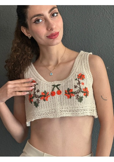 Gönülden Tasarım Triko Kirazlı Nakış İşleme Kadın Crop Renkli